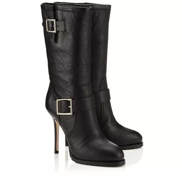 Jimmy Choo Galen Leather Mid-Calf Stiletto Motorcycle Boots Black Womens 40 / 9 - Picture 1 of 7